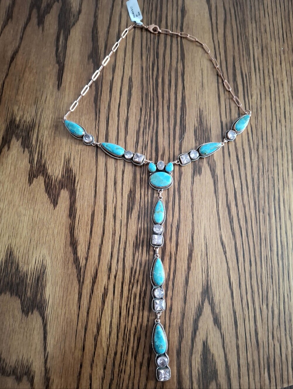 Lariat Necklace Mojave Turquoise And CZ On Copper Paperclip Chain